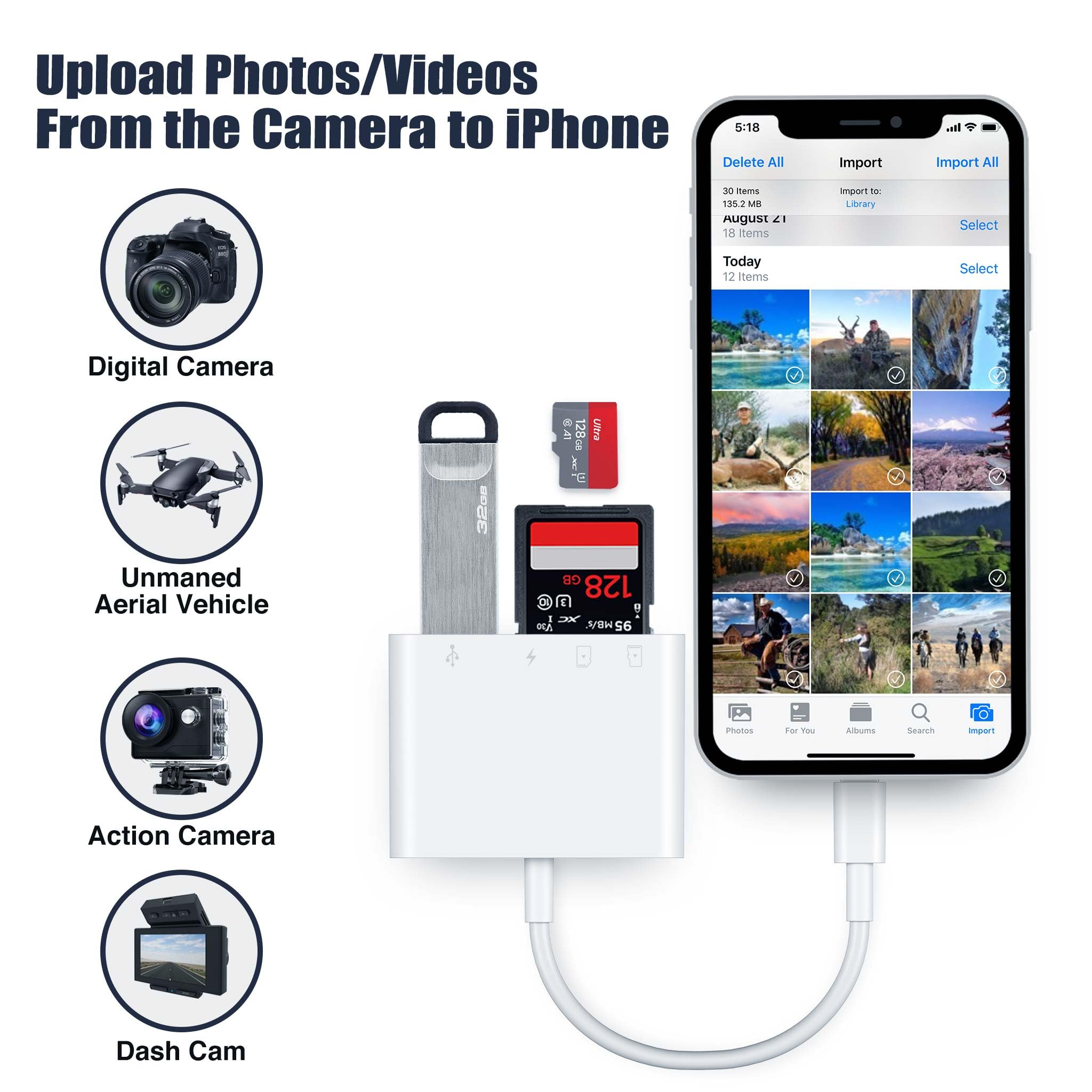 Sd Card Reader For Iphone/Ipad,Puavntview 4 In 1 Micro Sd Card Adapter,Memory Sd Card Reader Trail Camera Viewer For Iphone Ipad